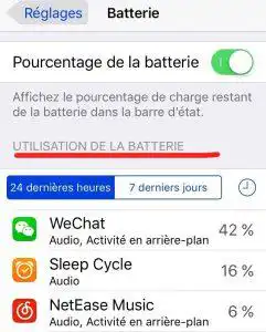 image des statistiques d'utilisation de la batterie dans les réglages de l'iPhone