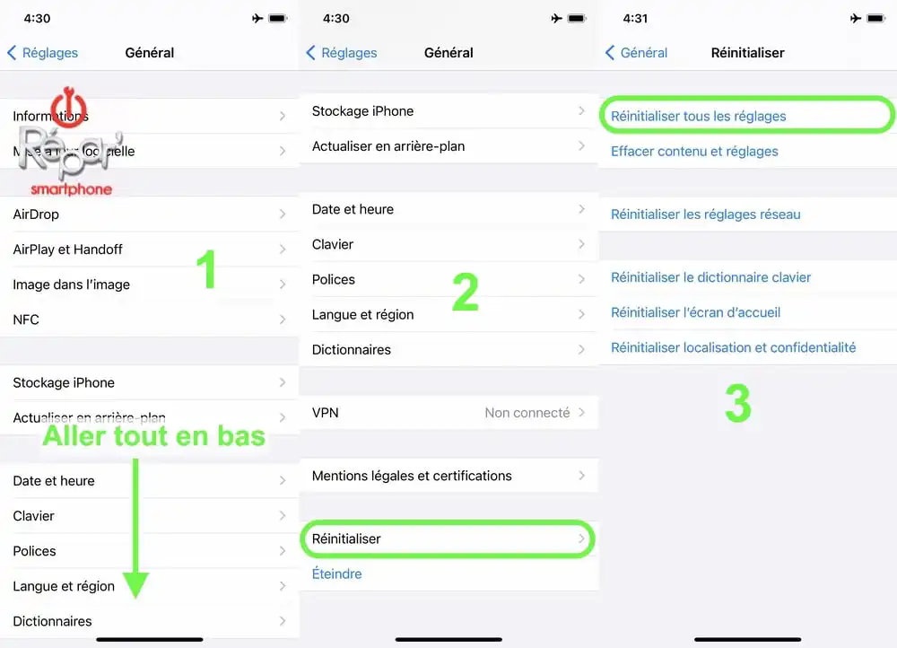 reinitialiser les reglages etape 3-1